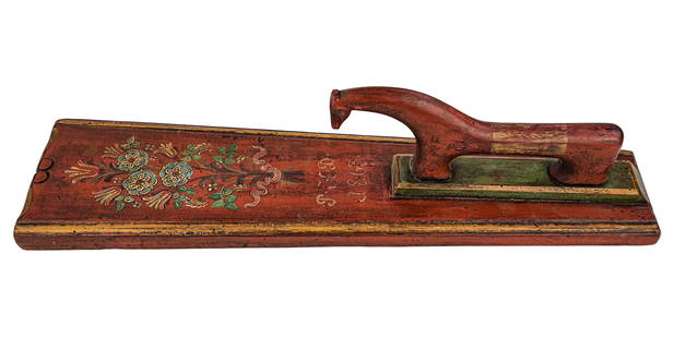 19th c Carved and Painted Bed Smoother: 19th c carved and painted bed smoother, horse handle, initialed PKD 1863, length 24"