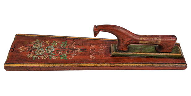 19th c Carved and Painted Mangle Board: 19th c carved and painted Mangle board or bed smoother/ fabric smoother, horse handle, initialed PKD 1863, length 24"