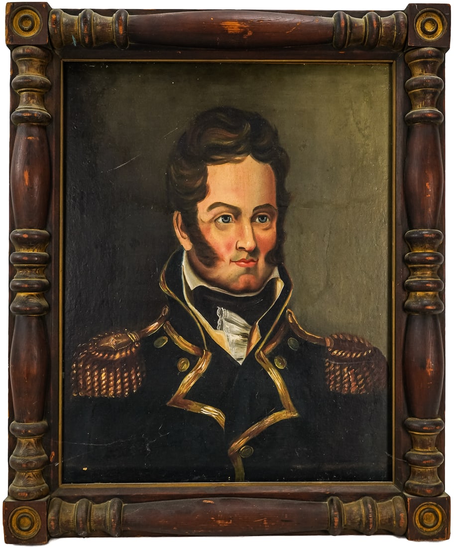 19th c Portrait of Commodore Thomas MacDonough: 19th c Portrait of Commodore Thomas MacDonough (1783-1825) after engraving by John Wesley Jarvis relined, decending in MacDonough Family oil on canvas 24 x 18" 29 x 24" as framed.