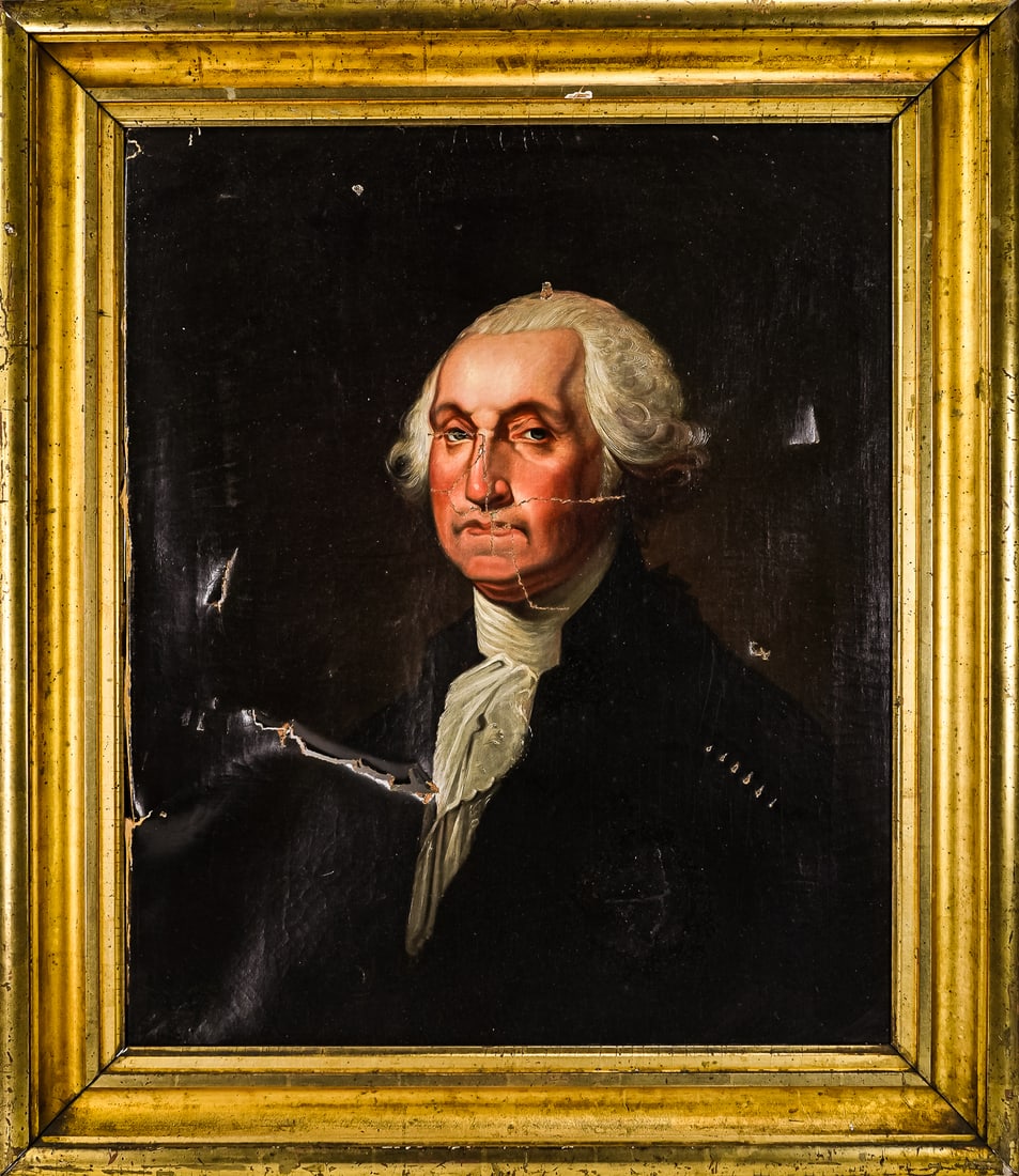 19th c Portrait of Washington after Gilbert Stuart: Early 19th c "Atheneum" Style portrait of George Washington after Gilbert Stuart (possibly from his circle) losses as shown, in damaged orginal condition. In original lemon gold frame. 30 x 25" 37 x 3