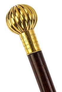 18k Gold Presentation Cane: 18k yellow gold presentation cane. "Dr. T.A McCormick Gratitude of B.C.C Influenza Epidemic SEWELL Oct 1918". Hallmarked. Tests 18k. Ribbed ball top gold cane top. 36" long cane.