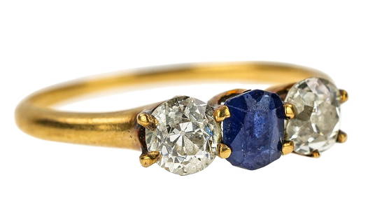 Antique Diamond, Sapphire, 14k Ring: Circa 1900 14k yellow gold 3 stone ring set with a center European round cut sapphire .25 cts, and two European round cut diamonds each .3 cts. Ring size 5.