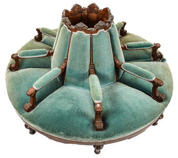 19th c Victorian Borne Lobby Sofa From Steamer VT.: 19th c high style Victorian round "Borne" or Lobby Settee (sometimes also called a Conversation Sofa) from the Steamer Vermont (1871-1902) with elaborately carved black walnut arms, crest with gilt in