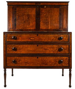 Ca. 1820 Athol MA Sheraton Birdseye Secretary: Ca. 1820 Athol MA Sheraton cherry and figured maple drop front secretary with simulated column inlay and tiger maple frieze decoration. On extremely petite turned legs, 53 x 40 x 20". Attributed to th