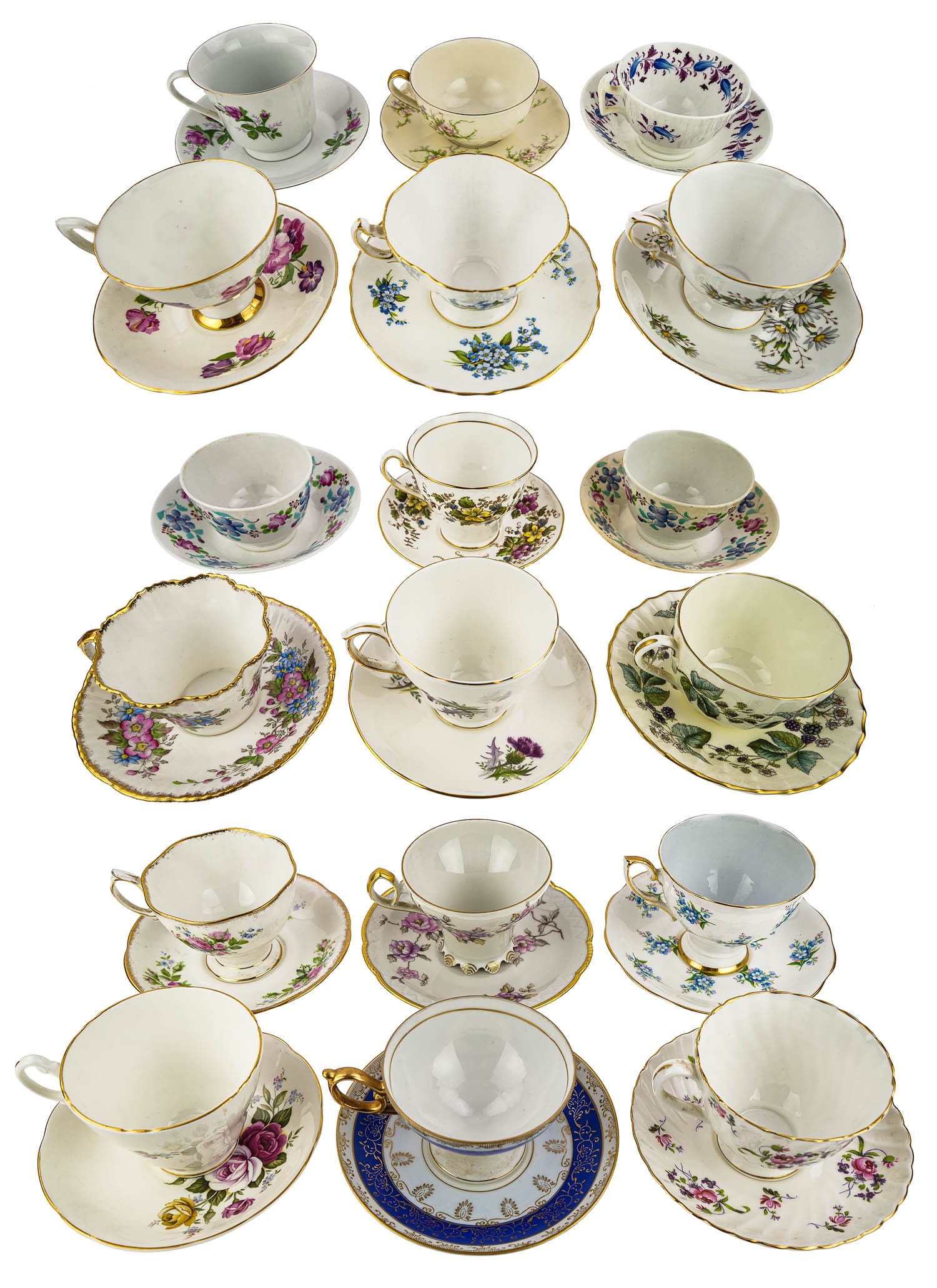 Collection of 19 Porcelain Cups and Saucers: Collection of 19 porcelain cups and saucers including English bone china, Royal Adderley, Hammersley, Minton, Belleek (damaged), early soft paste, etc.