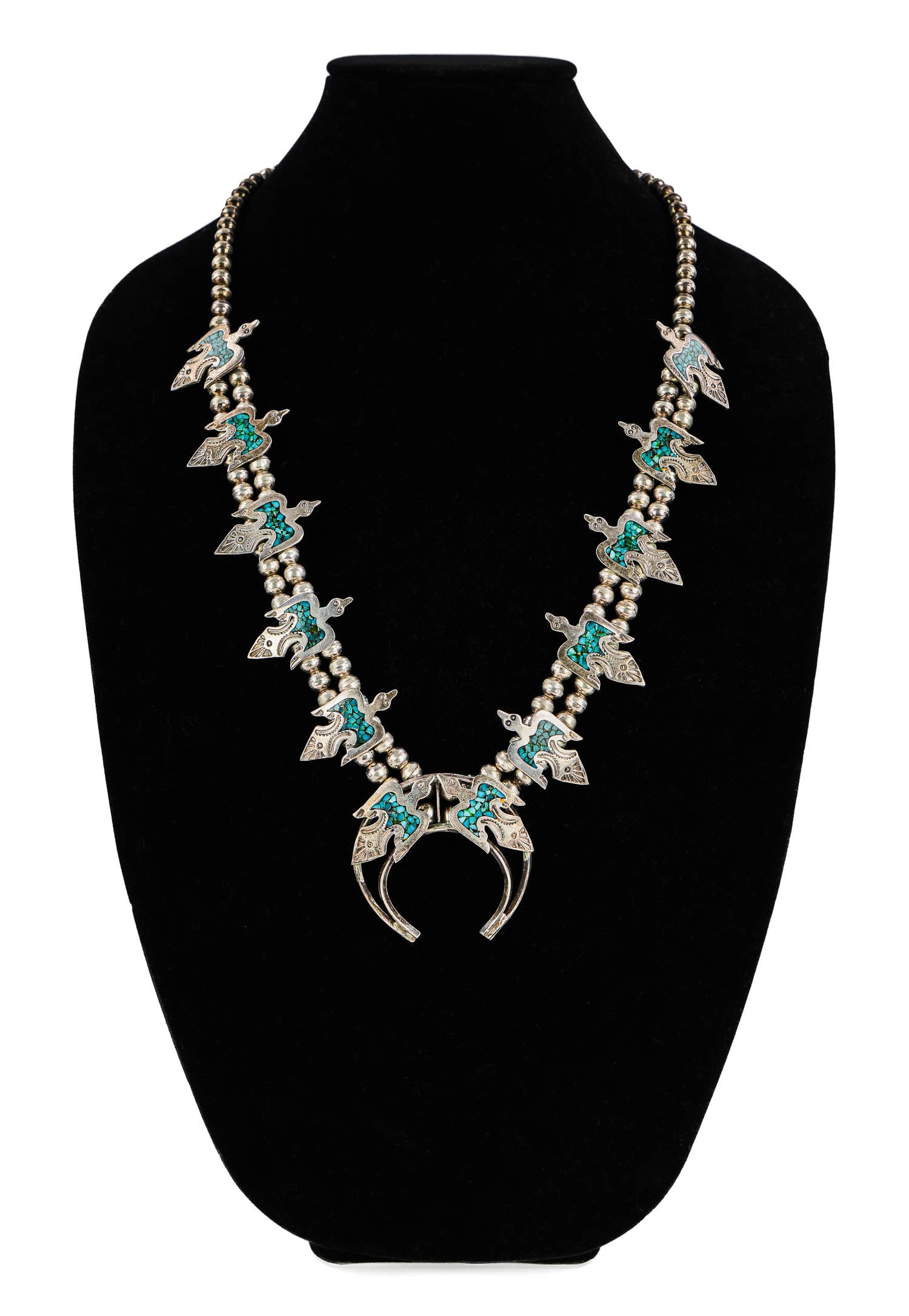 Navajo Peyote Bird Squash Blossom Necklace: Navajo sterling squash blossom necklace with Peyote bird motif having turquoise mosaic work. 10 birds attached to bead necklace with pendant having 2 more birds. 28" long, birds 1 1/2" long.