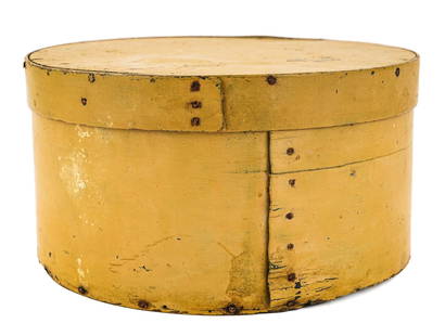 19th c Pantry Box in Yellow Mustard Paint: 19th c pantry box in soft yellow mustard paint, deep blue painted interior, diameter 9 1/2"