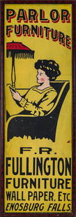H R Fullington Parlor Furniture Sign: H R Fullington, Enosburg Falls, Vt "Parlor Furniture" stenciled paint on painted tin sign, 36" x 12"