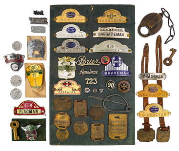 Railroad Hat Badges, Brass Fobs and Tags: Railroad hat badges, brass fobs and tags, etc (45 pcs)