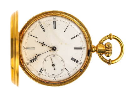 18k Yellow Gold Pocket Watch: Closed Face 18k yellow gold fine engraved pocket watch. Marked 18k, No 77353 Henry Hoffmann Locke. Crystal cracked, not running. 1 1/2" diameter.