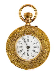 18k Ladies Pocket Watch: ladies 18k yellow gold pocket or pendant watch. Open face, Roman numerials, arabic minutes, bezel crystal, overall textured surface. 1 1/4" diameter. Running condition.