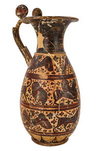 Ancient Corinthian Pottery Olpe Ewer: Hellenistic / Ancient Greek - Etrusco Corinthian Olpe Ewer as found, with breaks, repaired losses etc. The vessle has a partially intact double handle, and three bands with black and red figures inclu