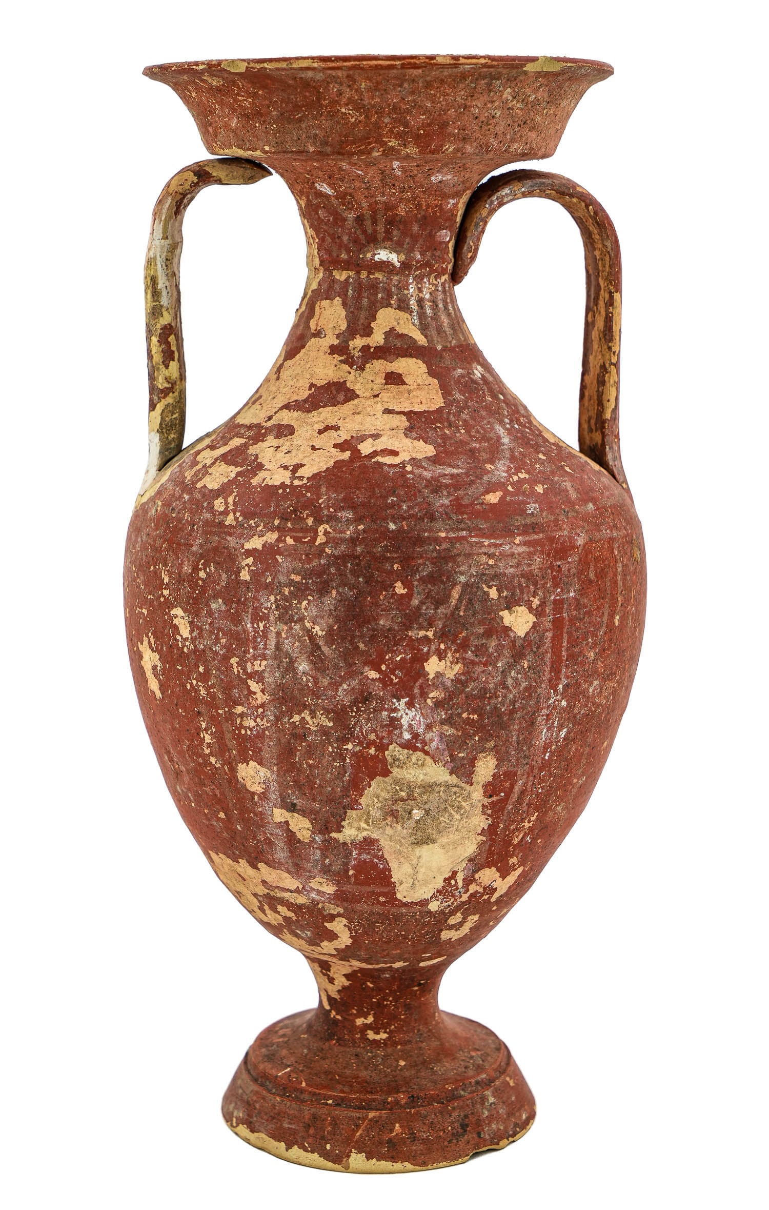 Ancient Pan Athenic Amphora: Ancient Greek Pan-Athenic Terracotta Amphora hole going through vessel minor losses and repairs comensurate with age 12.5 x 6.5" sold to benefit the Brattleboro Museum and Art Center.