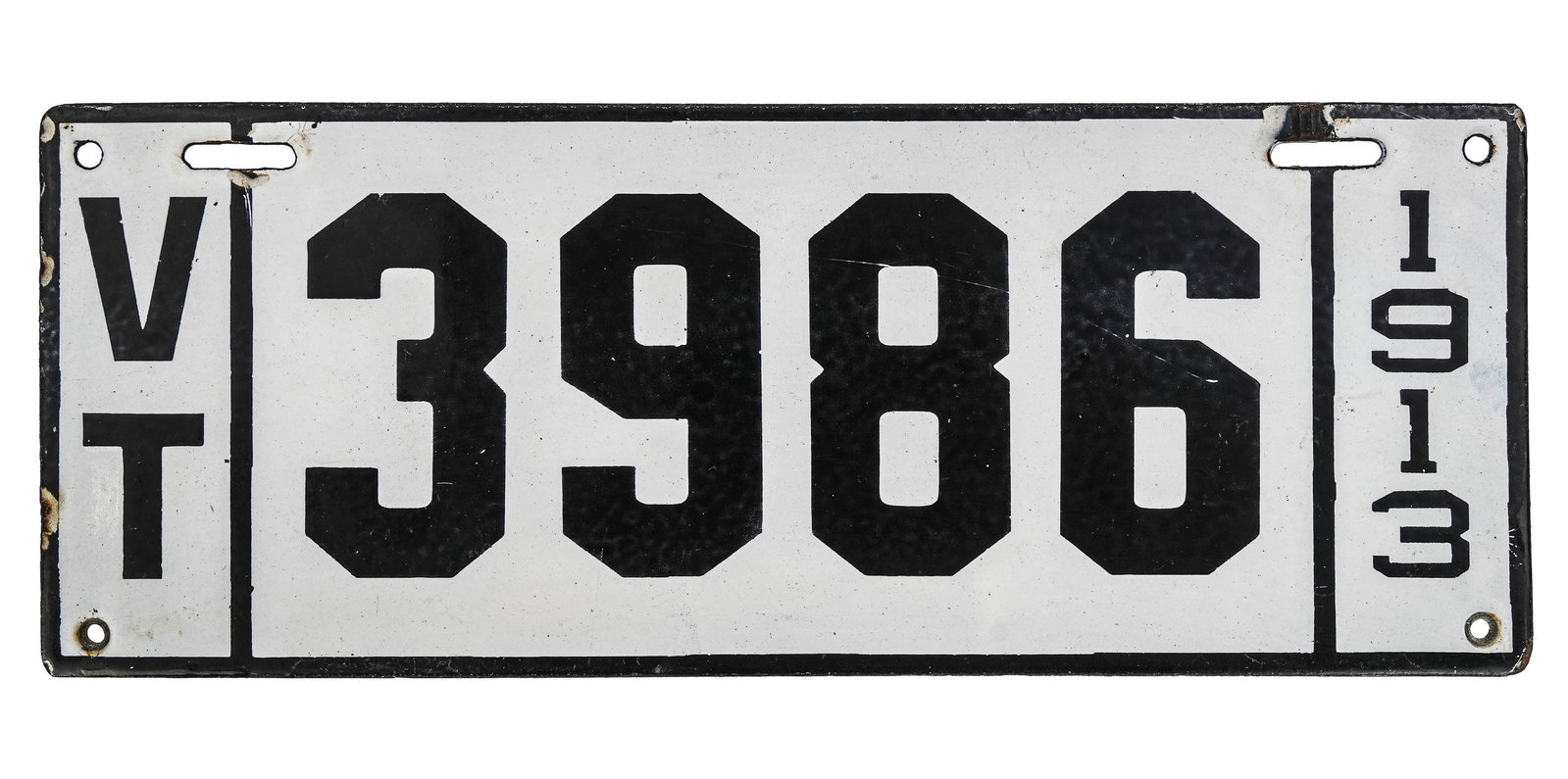 1913 Vermont Porcelain Enamel License Plate: 1913 Vermont porcelain enamel license plate, Baltimore Enamel & Novelty Company on reverse, few small chips, 6" x 15 1/2"