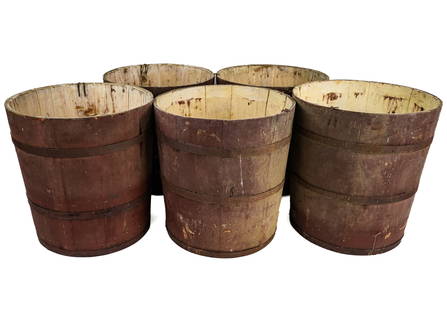 Five Old Sap Buckets in Red Paint: Five sap buckets in old red paint, each with 3 hoops, ht 12 1/2" each