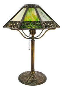 Bradley & Hubbard Table Lamp: Ca 1920 Bradley & Hubbard table lamp, brass and slag glass, overall ht 19", shade diameter 13"