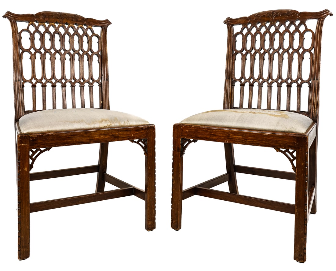 Circa 1920 Chinese Chippendale Dining Chairs: Circa 1920 Chinese Chippendale style dining chairs in mahogany with foliate carving on crest and stop fluting on supports.