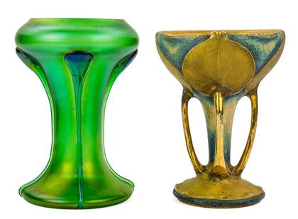 Amphora Pottery Vase, Austrian Glass Vase: Turn-Teplitz Amphora Art Nouveau pottery vase with four stemmed leaves surrounding flared top (one stem damaged and repaired, crack to rim), accompanied by an emerald green iridescent Austrian art gla