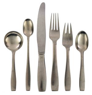 65 pcs. Georg Jensen Danish Stainless Flatware: 65 pcs. George Jensen Denmark mid century modern stainless steel flatware including 7 dinner forks, 9 dessert forks, 12 soup spoons, 14 teaspoons, 3 iced teaspoons, 7 knives, 2 hors d'oeuvre forks, an