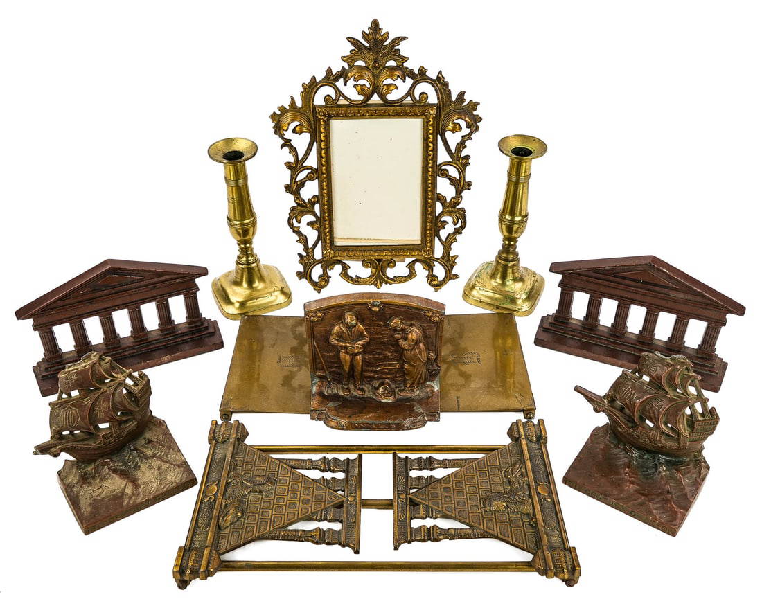 Brass, Metal Bookends, Candlesticks, Frame Auction