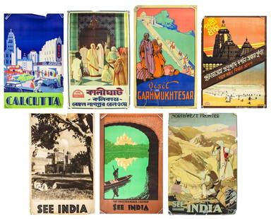 Group of Circa 1920 Indian Travel Posters: Group of Circa 1920 Indian Travel poster - minor toning, some tears, rolled in as issued condition. 7 pcs, sold with an old Sturbridge village reissue of an Herman Moll Map of North America. Each appr