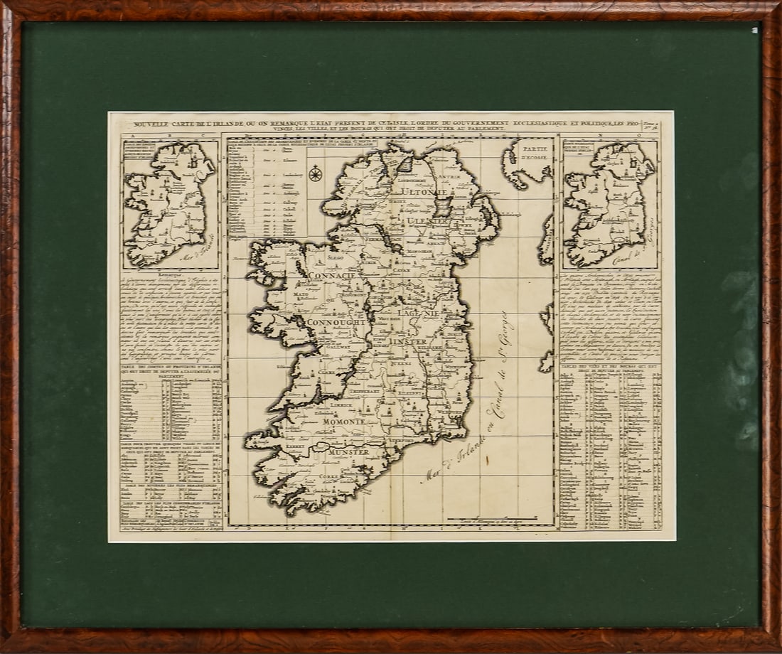 Henri Abraham Chatelain (1684-1743) Map of Ireland: Henri Abraham Chatelain (French 1684-1743) Nouvelle Carte De L'Irlande, ou on Remarque l'Etat Present De Cette Isle- Map of Ireland from "Atlas Historique" first published in 1721 - This three part ma