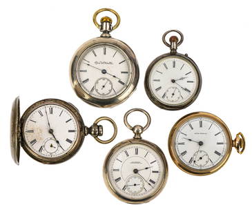 5 Pocket Watches incl. AG Stone Montpelier VT Watch: 5 pocket watches including key wind coin silver closed face missing crystal, Seth Thomas gold plated open face - running, Elgin coin silver open face beveled crystal - running, A G Stone Montpelier VT