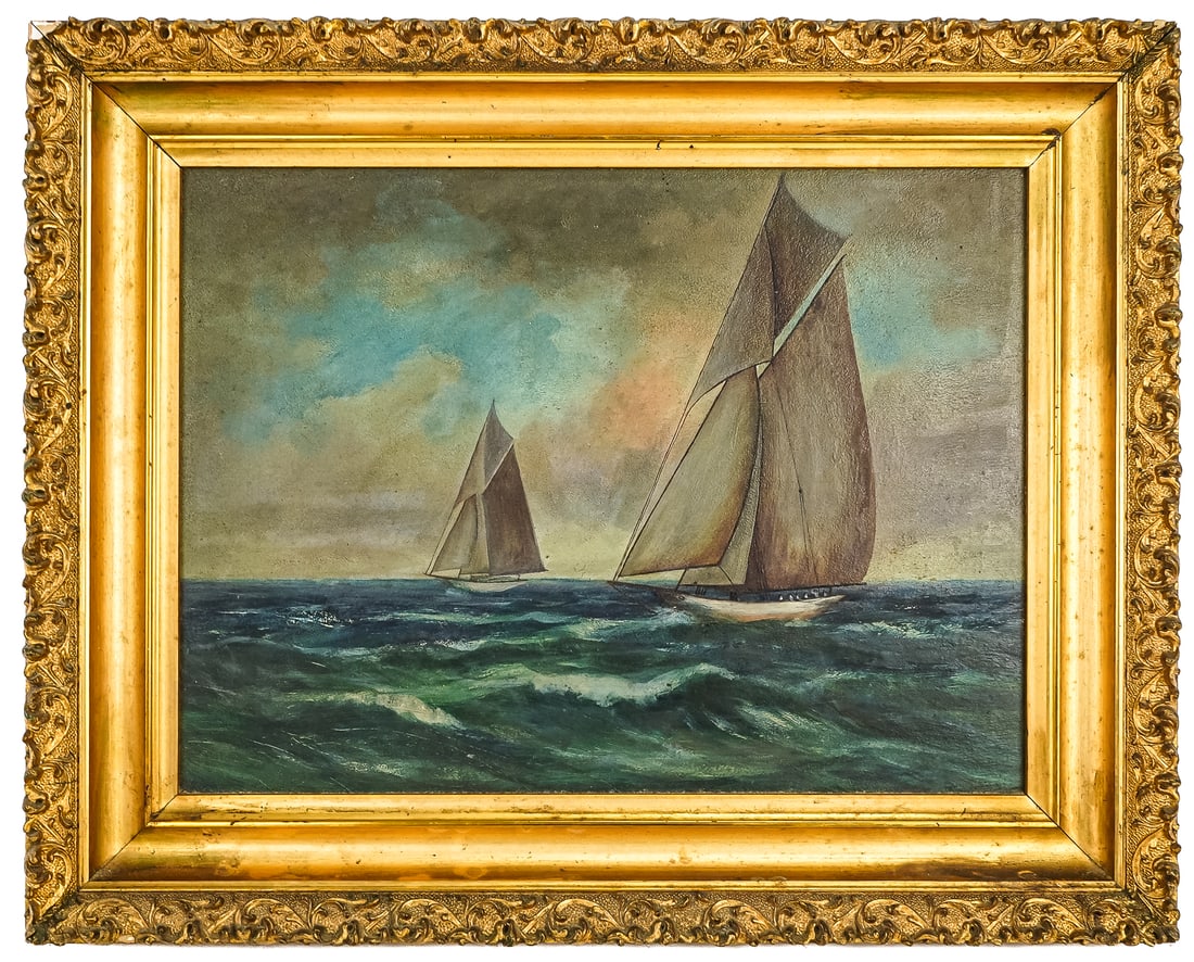 19th c Oil on Board of 2 Sailboats (1 of 3)