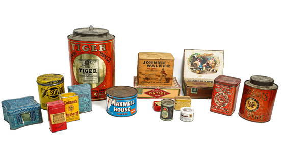 Tobacco Tins & Advertising Tins: Group of tobacco tins and advertising tins including country store Tiger Bright in good condition, Just Suits round tobacco, Vintage cigar boxes, Johnnie Walker red label small wooden box, Edgewood, c