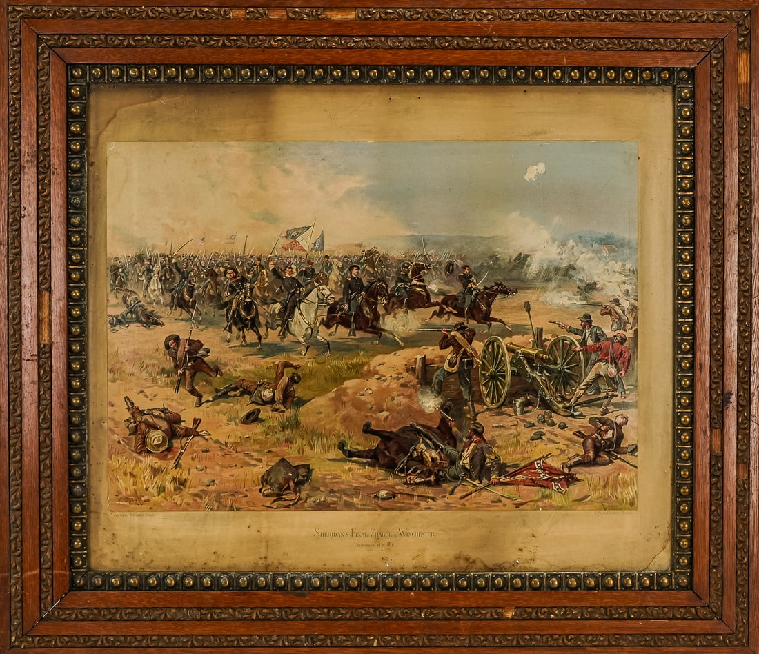 Prang Chromolithograph- Sheridan's Final Charge: Prang Chromolithograph " Sheridan's Final Charge- Winchester" 15.5 x 21.5" significant toning to mat. 27 x 31" as framed.