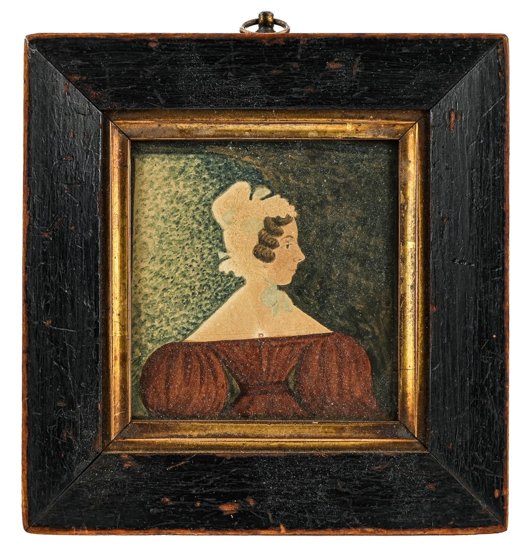 19th c Folk Art Watercolor Girl with Puffy Sleeves (1 of 4)