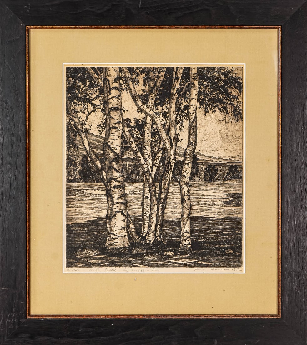 Luigi Lucioni (VT 1900-1988) Between the Birches: Luigi Lucioni (Vermont 1900-1988) Between the birches engraving on paper, inscribed by artist lower margin, plate- 12 x 10" 20.5 x 18" as framed.