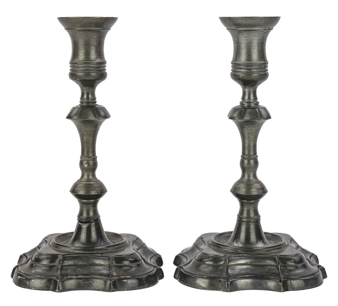 Early 19th c Pewter Petal Base Candlesticks (1 of 4)