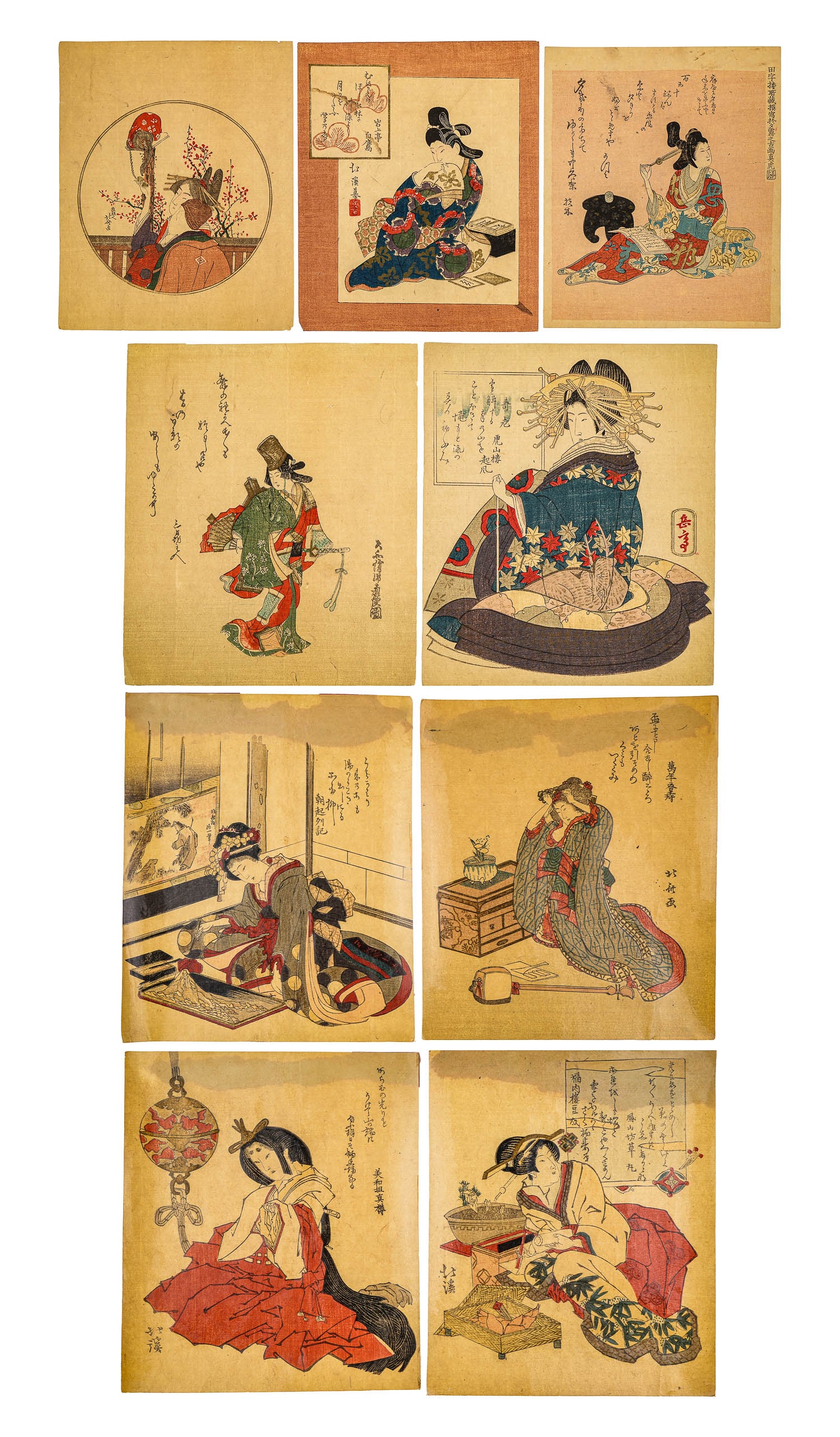 9 Meiji Period Woodblocks of Woman: A group of 9 Japanese Meiji period colored woodblocks on paper with various activities and character marks. 7" x 9". 4 with laminate type front coating.