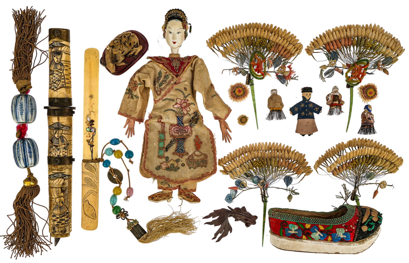 Chinese & Asian Accessories: A group of Chinese and Asian items including a ca. 1900 Japanese dagger in carved bone scabbard and handle, bronze mounts, missing end piece 12" long. Chinese 19th c doll, original clothing, compositi