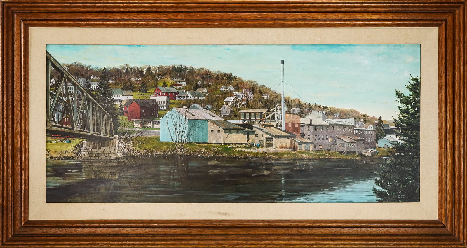 Ian Thompson (VT Contemporary) Bradford Mills VT: Ian Thompson (Vermont Contemporary) Bradford Mills Vermont oil on board dated '97 Identified reverse- 18 x 41" 27 x 50.5" as framed.