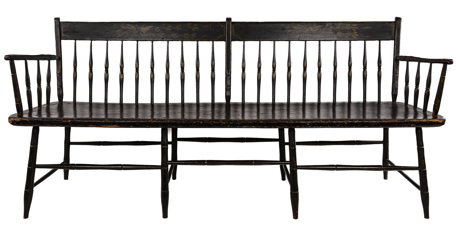 Ca. 1800 Paint Decorated Rabbit Ear Windsor Bench (1 of 6)