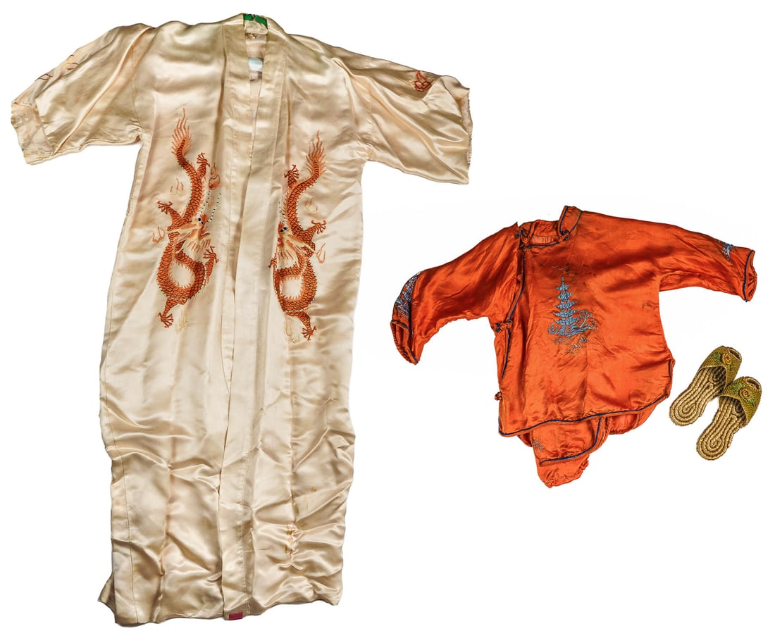 Dragon Embroidered Silk Robe, Child's Shirt: Early 20th c four toed dragon silk robe, silk child's shirt, shoes