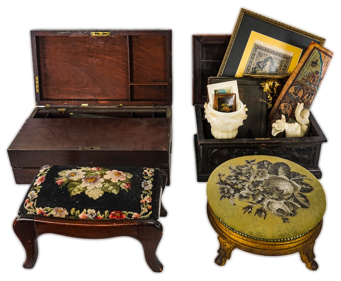 Carved Box, Footstools, Misc Contents (1 of 2)