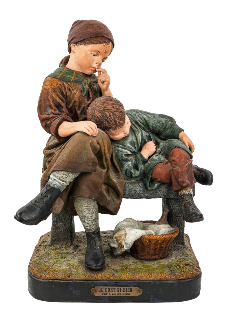 Josephe LeGuluche Terra Cotta Sculpture: Joseph LeGuluche (1849-1915) "Il Se Dort Bien" ("He Sleeps Well") French terra cotta sculpture of girl and sleeping boy on bench, foot of boy crudely repaired, minor paint flaking, 15" x 9.5" x 7"