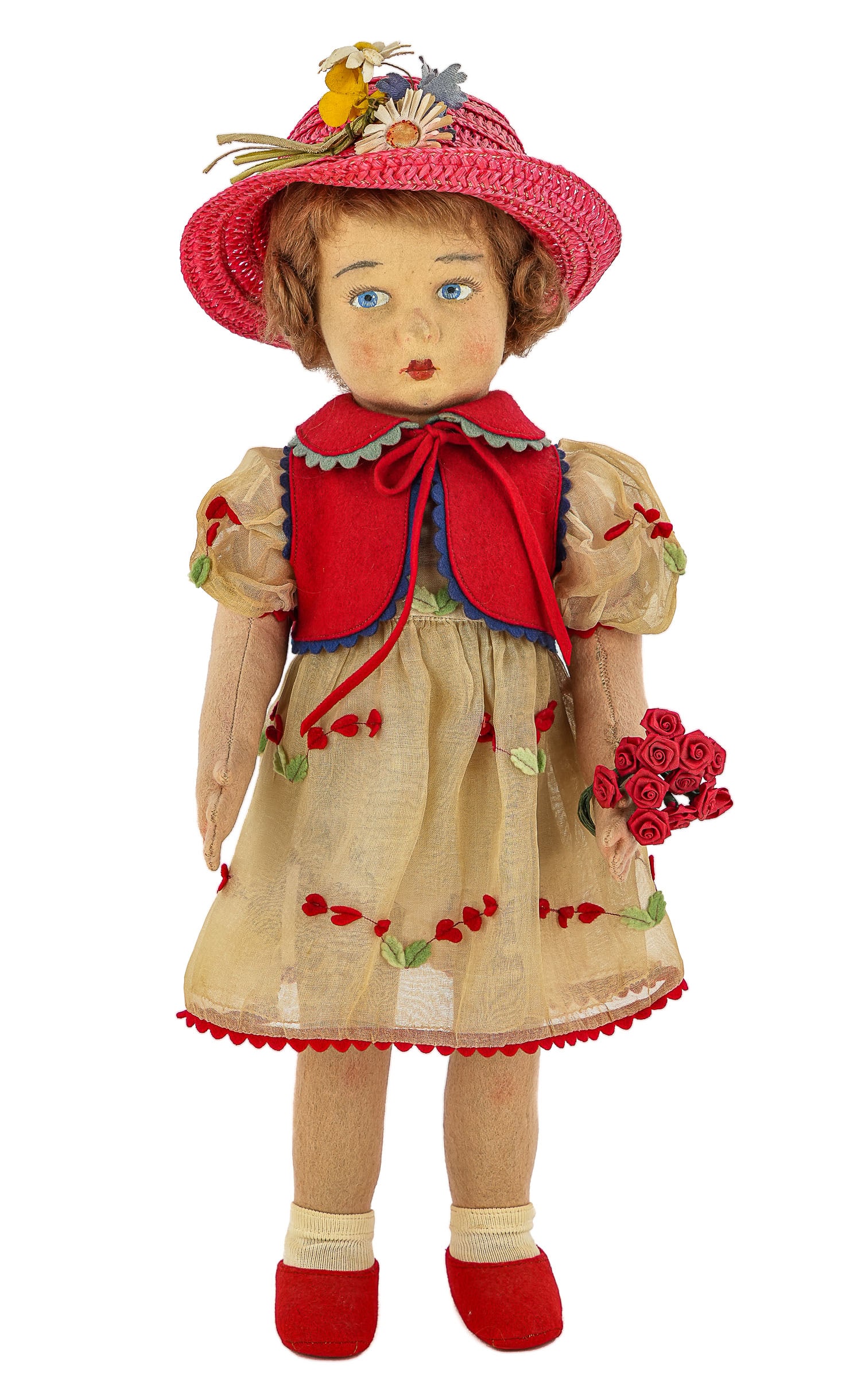 Early 20th c Lenci 17" Cloth Doll: Early 20th c Lenci cloth doll, signed with inkstamp on bottom of left foot, overall good condition, small dark smudgeon chin, ht 17"