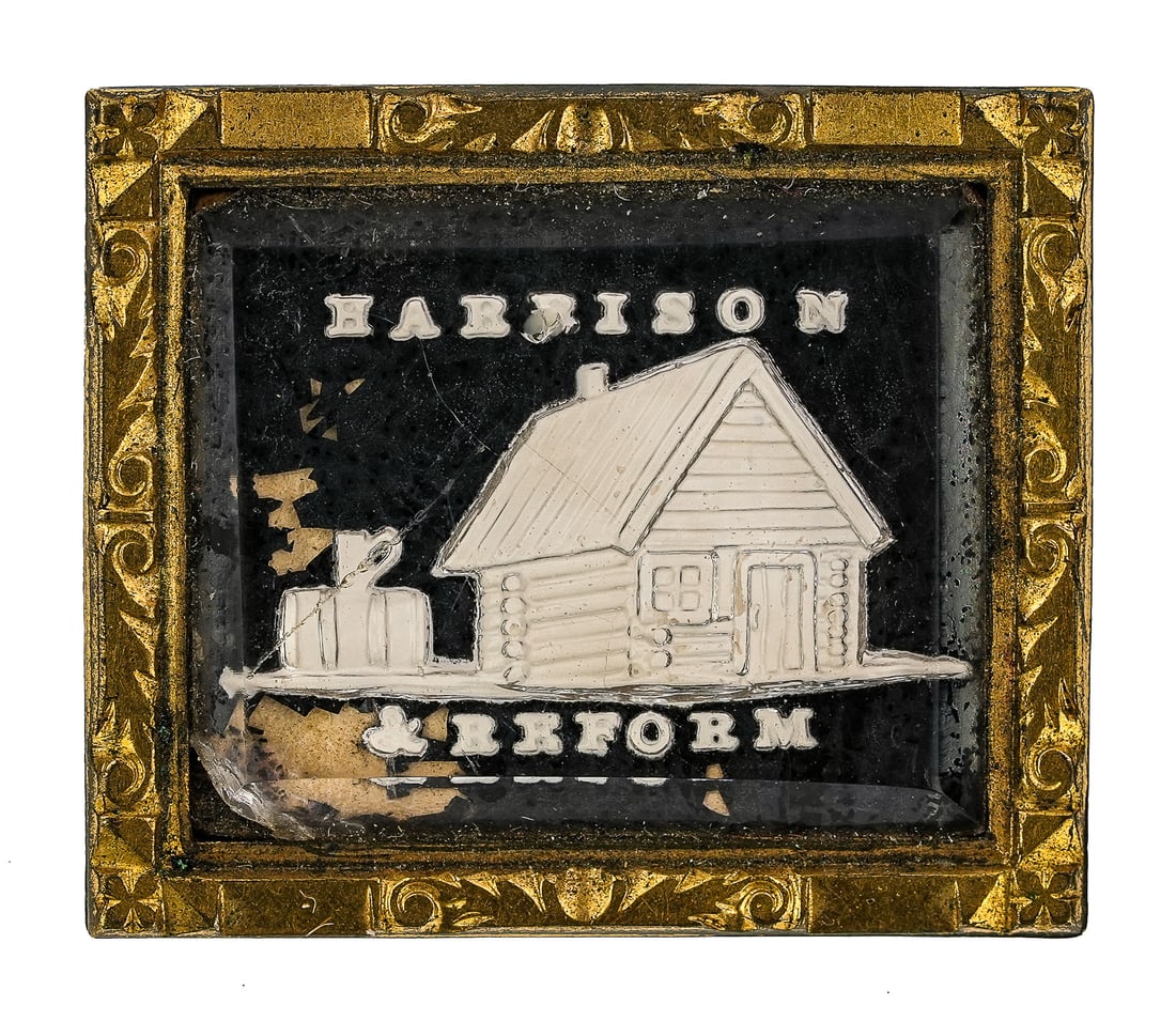 Harrison 1840 Campaign Pin: William Henry Harrison Diminutive 1840 Sulfide Campaign Pin. Measuring 1 1/8 x 1", Image of a Log cabin, cider barrel with mug on top, and "Harrison & Reform" in white on black background. Imperfectio