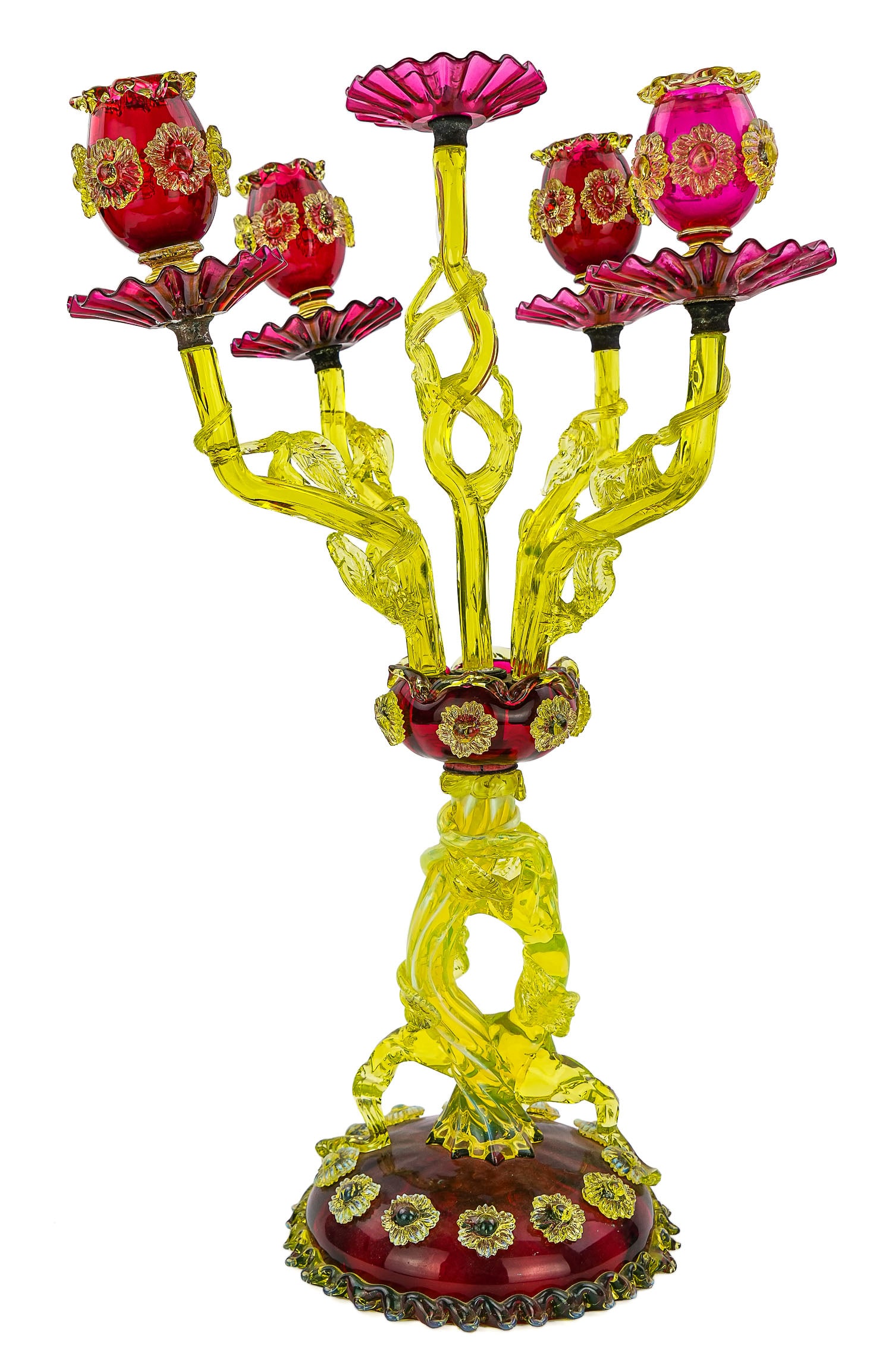 Victorian Canary and Cranberry Glass Candelabra: Outstanding late 19th c. Victorian canary, canary opalescent (or Vaseline) , and cranberry art glass Venetian style blown candelabra with openwork vine and branch form removeable arms, ruffled bobeche
