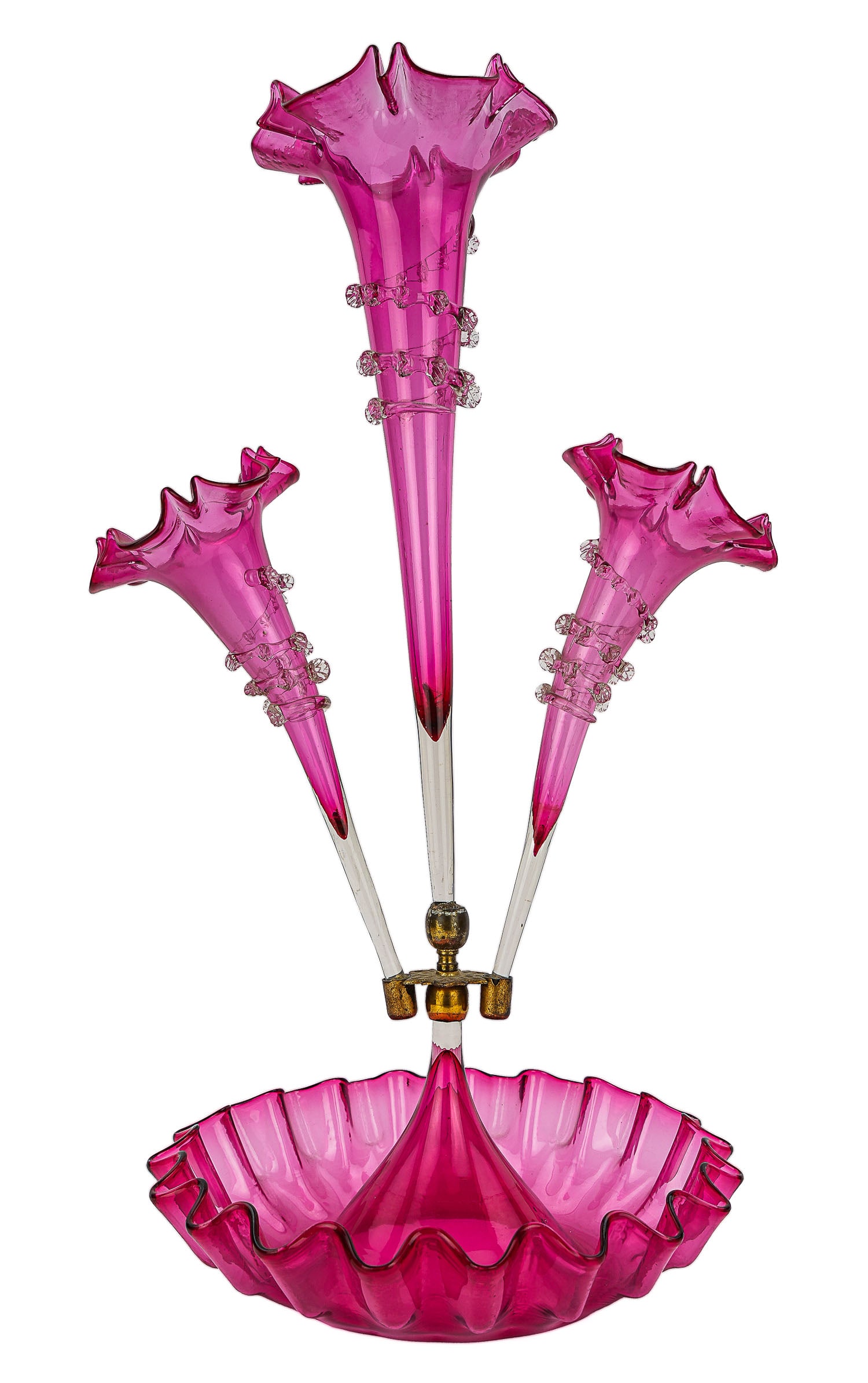 Victorian Cranberry Ruffled Art Glass Epergne: 19th c. Victorian cranberry blown art glass epergne with three trumpet vase inserts on ruffled circular vase, very good overall condition 12" x 21"