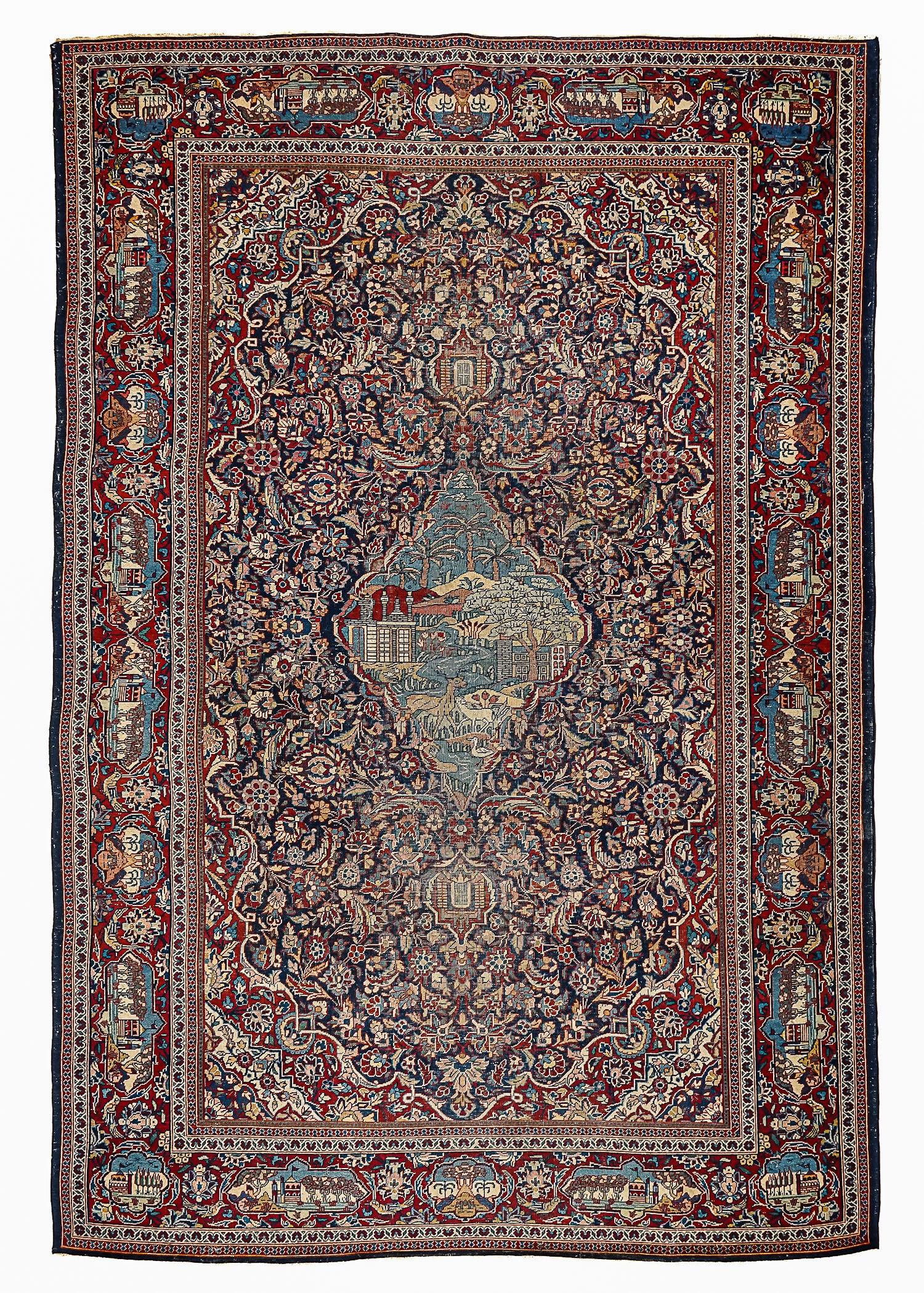Unusual Early 20th c Persian Pictorial Area Rug: Unusual early 20th c Persian pictorial area rug, city scene center medallion and city scenes border, even wear 4' 6" x 6' 8"
