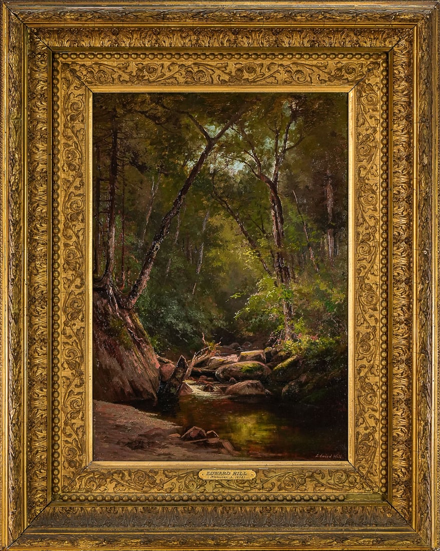 Edward Hill (AM 1843-1923) Forest Stream: Edward Hill (American 1843-1923) Forest Stream, oil on canvas signed lower right. 20 x 14" 30 x 24" as framed