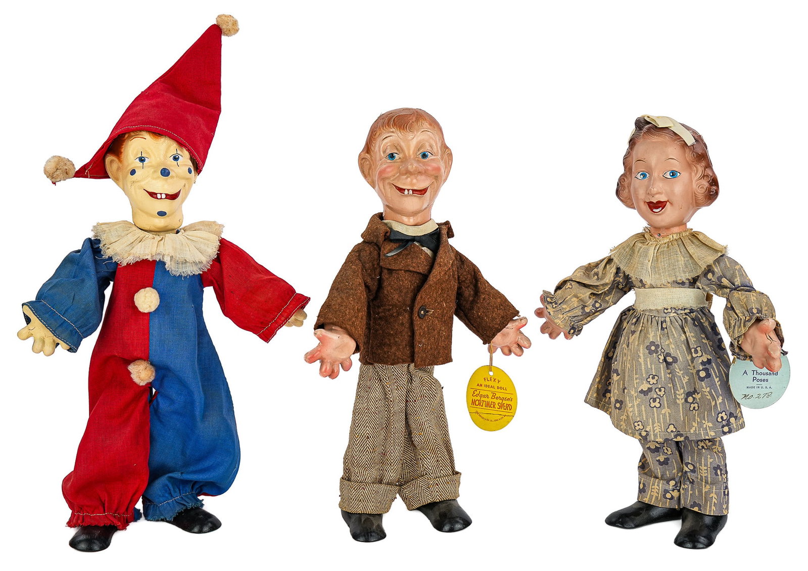1938 Ideal Fanny Brice, Mortimer Sneed Flexy Dolls: 1938 Ideal Fanny Brice Baby Snooks, Mortimer Snerd, both with original hangtags, Mortimer Snerd Clown, hts 12"