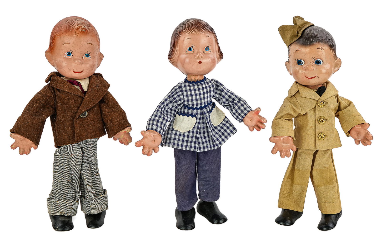 1903's Ideal 12" Flexy Dolls: Three 1930's Ideal "Flexy" composition dolls, including Soldier, Boy, & Girl dolls, ht 12"
