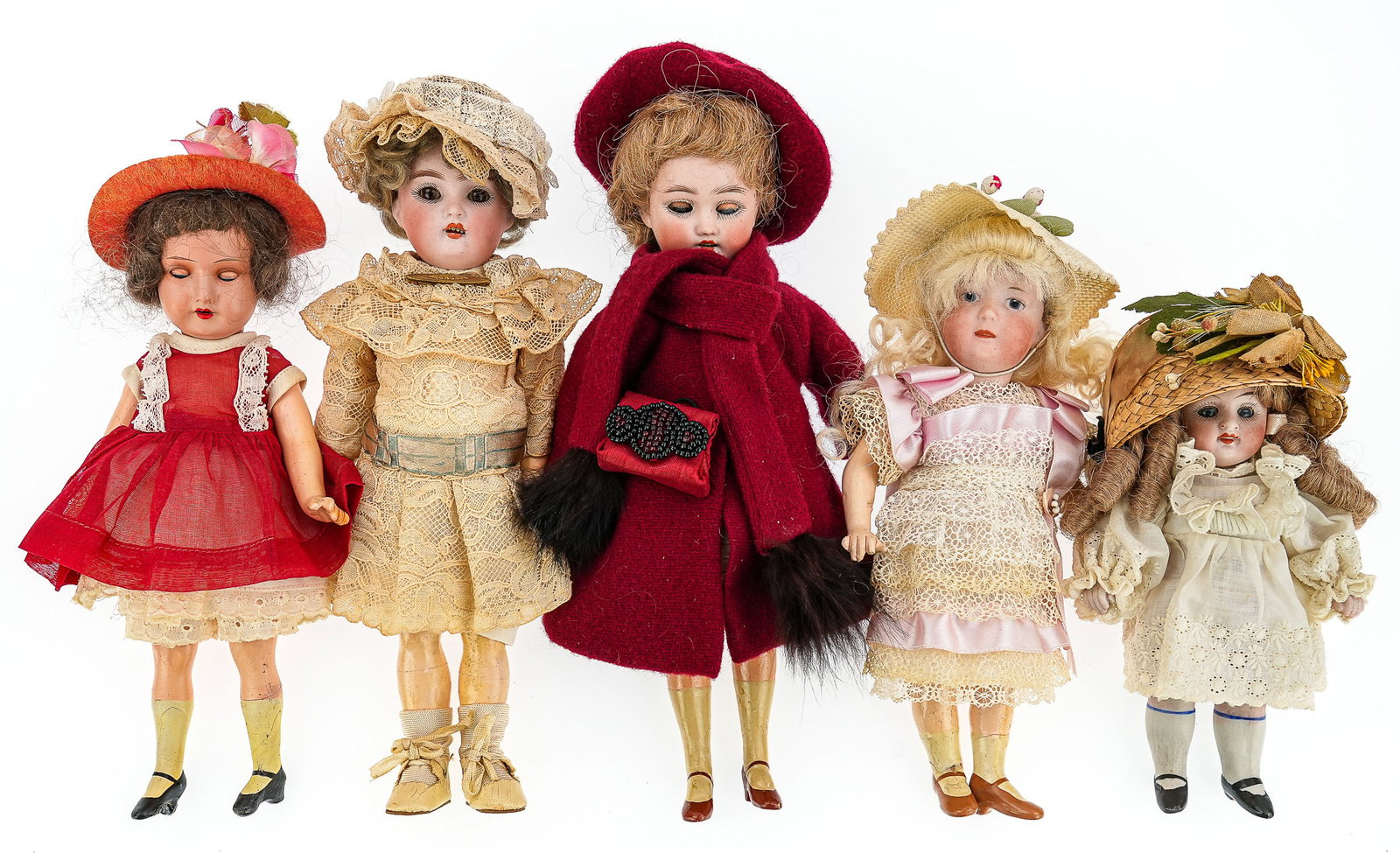 Five German Bisque Child Dolls: Five German bisque child dolls, including S&H 1078 flapper, Heubach 8178, K*R 23, AM 390, all with socket heads, composition bodies, sold with a Catterfelder Puppenabrik 208 all bisque (chip on top of