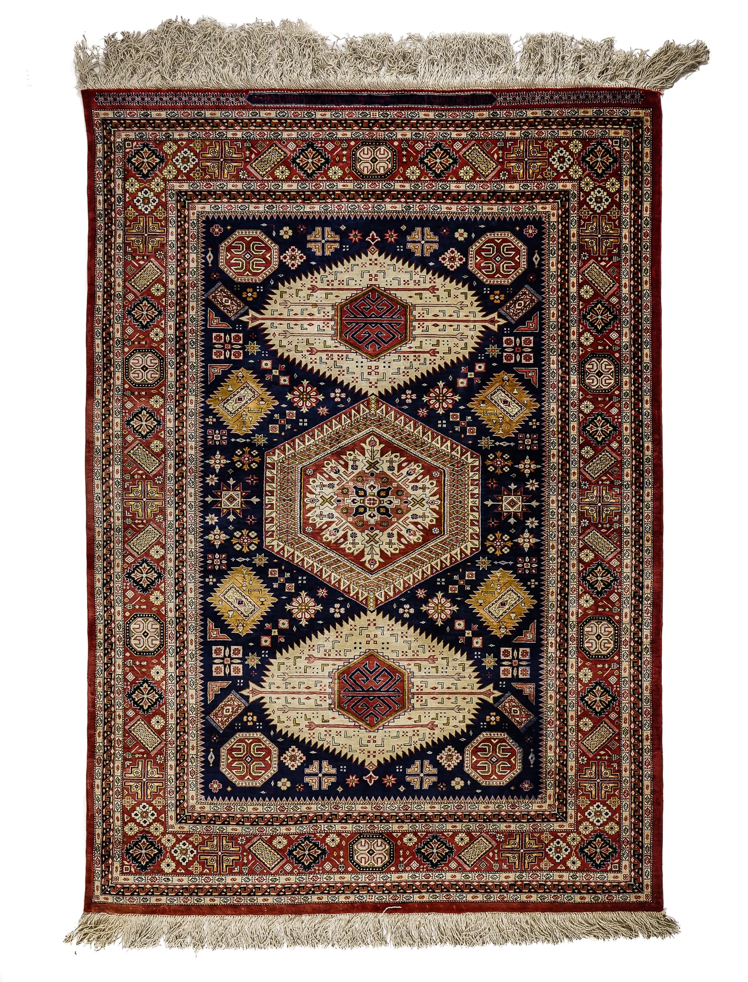 Fine Mid 20th c Persian Abadeh Shiraz Area Rug: Mid 20th c Persian Abadeh Shiraz area rug, extremely tight weave, high knot count, signed Iran Ghom J Shojauford, and in Arabic script, 3' 4" x 4' 11"